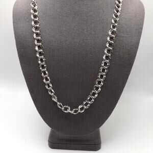 Vintage Double Ring Link Necklace, Rhodium Plated, Spring Ring Clasp, 23 Inches